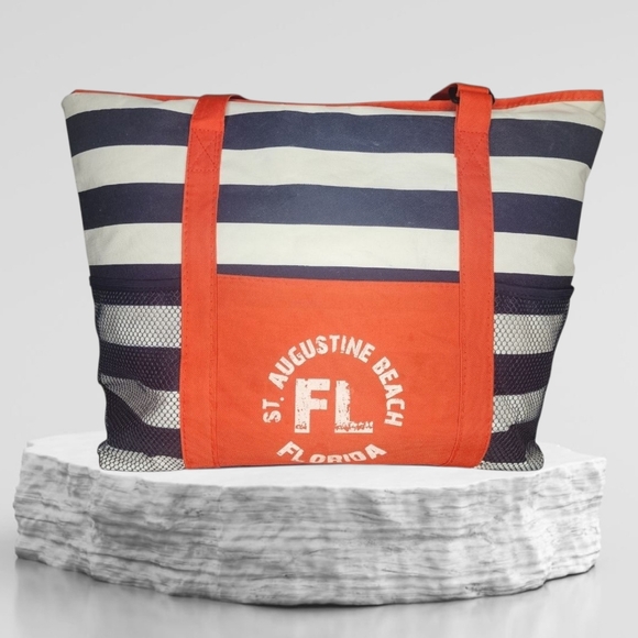 St Augustine Beach Striped Beach Tote Bag - Picture 1 of 9